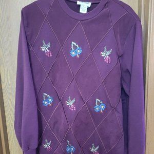 Vintage Alfred Dunner Sweater Womens 2XL Burgundy Floral Embroidery